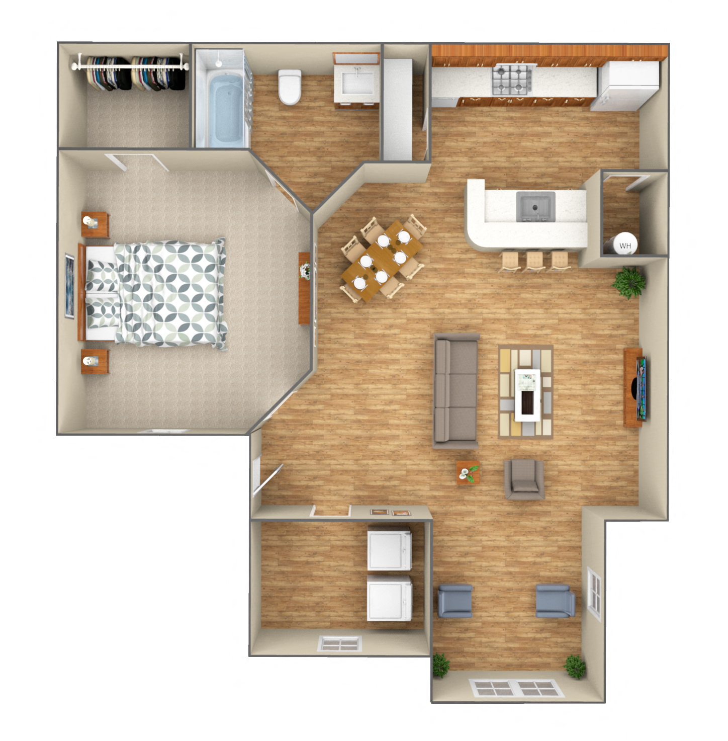 Floor plan for 1 bed, 1 bath, 700 sqft